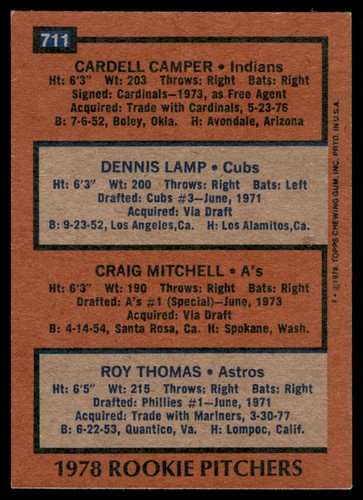 1978 Topps 1978 Rookie Pitchers Camper/Lamp/Mitchell/Thomas MLB #711 - Picture 2 of 2