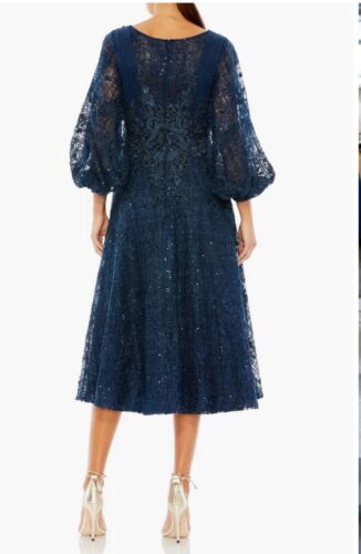 New Mac Duggal Beaded Embroidery Bishop Sleeve A-Line Dress Midnight Blue Sz 10 - Picture 2 of 23
