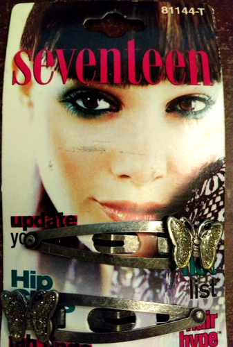 Vintage Rare Collectible Seventeen Metal Butterfly 2Pc Hair Barrettes Snap Clip - Foto 2 di 2