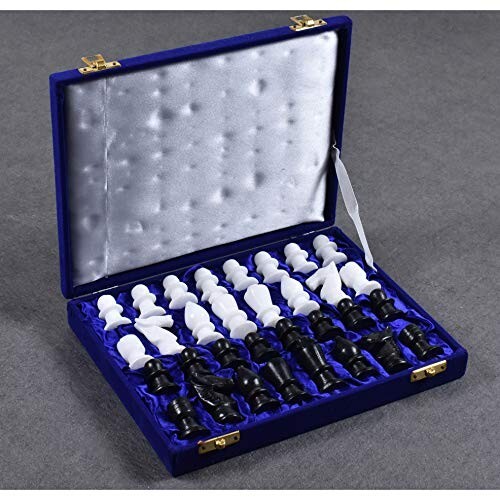2" King Marble Chess Pieces Hand Carved Black & White Velvet Square Box Occasion - Picture 1 of 3