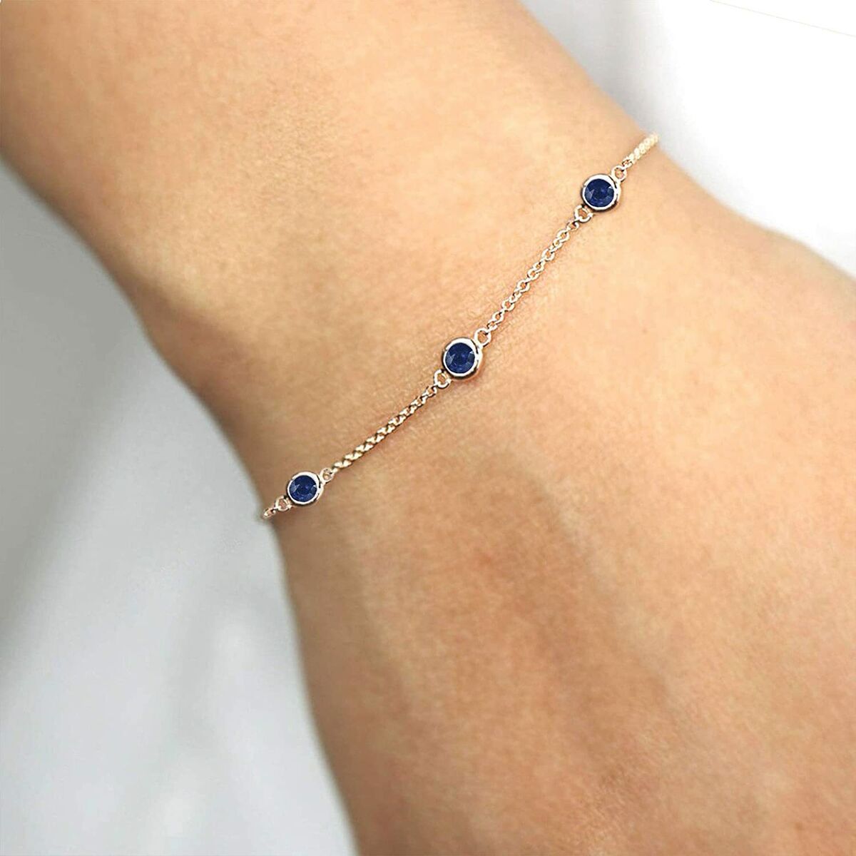 Natural Round Blue Sapphire Chain Bracelet With 14k Yellow Natural Round Blue Sapphire Chain Bracelet With 14k Yellow
