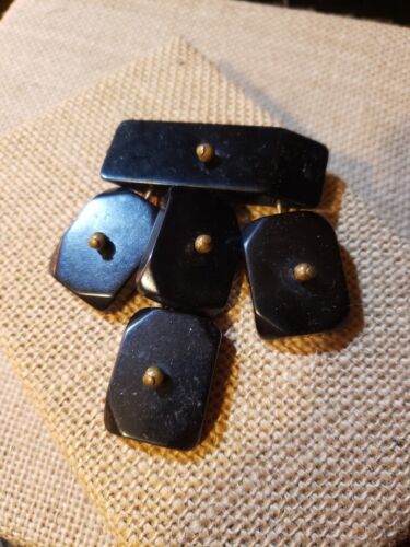 BAKELITE Art Deco Black Brass Drop Charm Brooch Pin Modernist Retro Goth Vintage - Picture 3 of 12