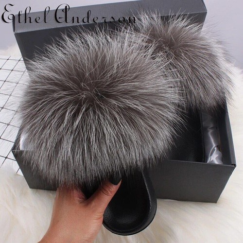 Echte Farm Fox Pelz Hausschuhe Fuzzy Pantoletten Sandalen Fuzzy Damen flauschig Plüschtier süß - Bild 8 von 37
