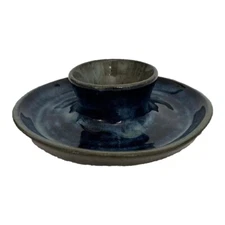 Vintage Studio Art Pottery Hand Thrown Blue Gray Chip Dip Bowl Seafood Server