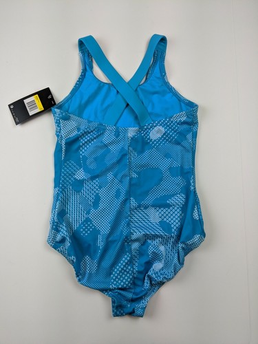 Nike Kids Optic Camo One Piece Swimsuit, Blue, Girls M - Picture 2 of 2
