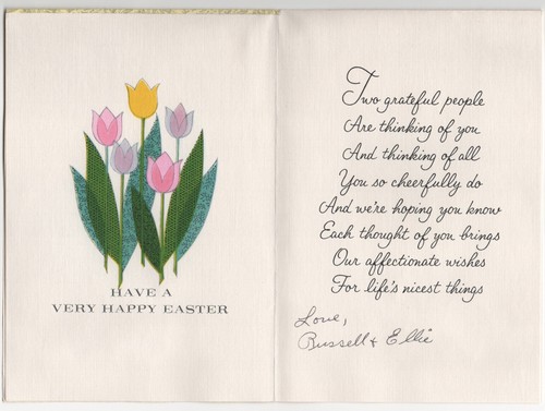 Tarjeta de felicitación de Pascua vintage a madre cinta de tulipanes brillo saludos americanos - Imagen 2 de 3
