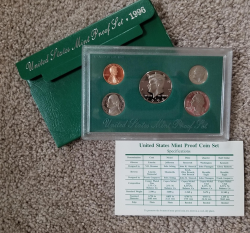 US Mint Proof Set 1996 -- 5 Münzen -- in OVP mit COA