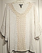 Style & Co. Womans Plus Sz: 1X Tunic Top Lace Embroidered Flare 3/4 Sleeve Boho