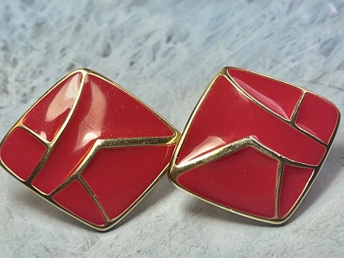 Vintage Krone Trifari rote Emaille/goldfarbene Ohrclips - Bild 1 von 6