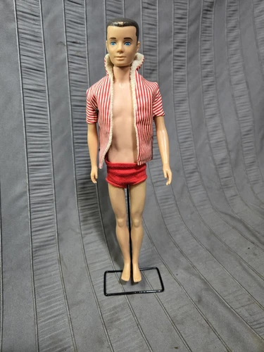 Vintage BRUNETTE PAINTED HAIR KEN  1960 Straight Leg Red  Stripped Swim Suit