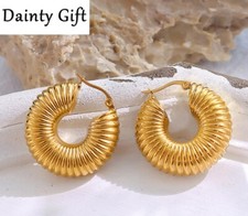 Hip Hop Women Titanium Stainless Steel 30 mm Gold Threaded Circle Hoop Earring