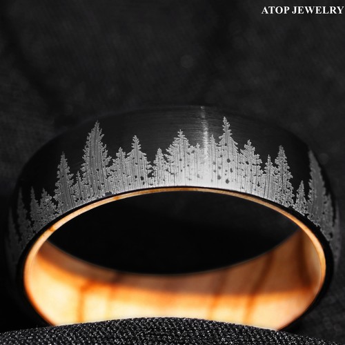 8mm Tungsten Black Forest Tree Setting with Olive Wood Men Wedding Band Ring - Picture 5 of 11