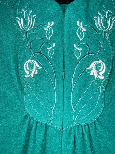 VTG Nightgown Shadowline Fleece Zip Top Emerald Green Floral Embroidered Size L - Picture 8 of 17
