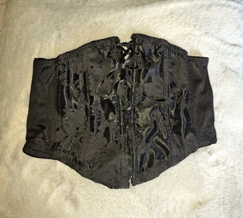 Vtg Waist Corset 80s Black Satin Tapestry Large Unbranded Boned Lacing  - Picture 1 of 11