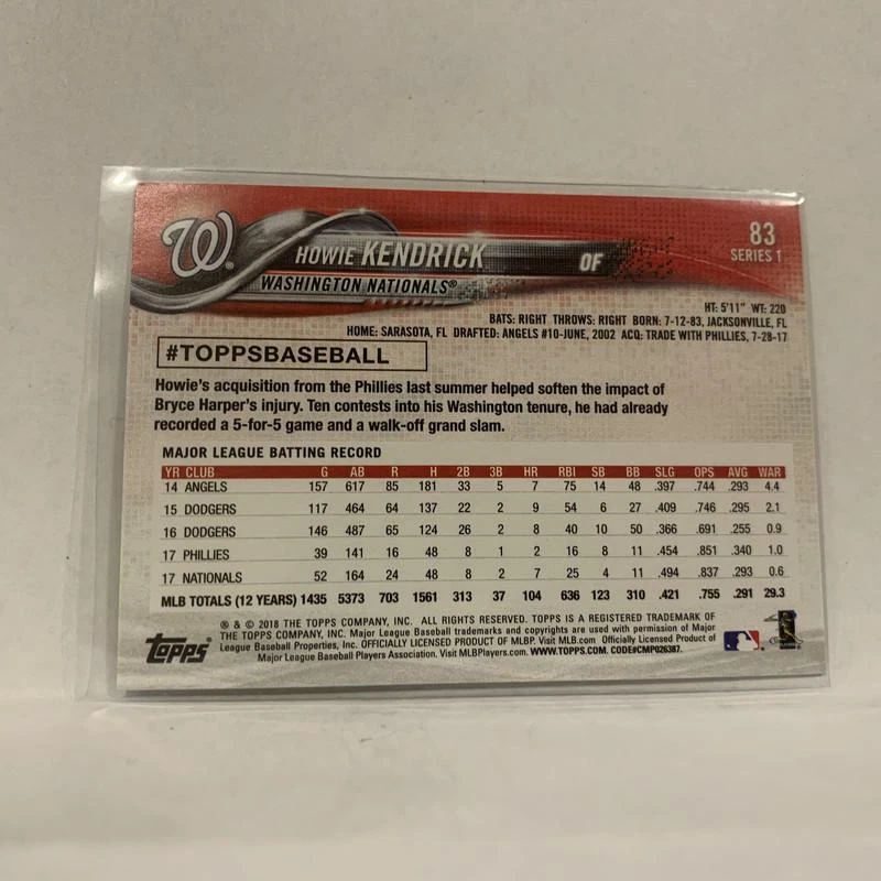 #83 Howie Kendrick Washington Nationals Series 1 2018 Topps Baseball Card A1W - Image 2 of 2
