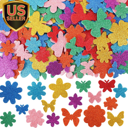 300 Pieces Spring Glitter Flower Butterfly Foam Stickers Bulk Self-Adhesive C...