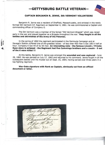 Benjamin R Jenne 5th Vermont Cut Signature from Document Civil War, Vermont Brig
