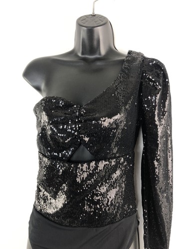 Lulu's Womens Size Small Alluring Ways Black Sequin One-Shoulder Cutout Bodysuit - Picture 2 of 5