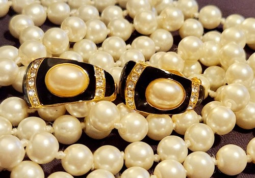 Vintage JOAN RIVERS EARRINGS Gold+Blk Enamel Faux Pearl Crystal ClipOn*FREE GIFT - Picture 5 of 11