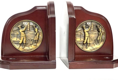 Vintage Golf Buchstützen Kirschholz bronzefarben Einsatz Golfer Mann & Dame Ball Tasse - Bild 1 von 18