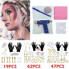 Pro Body Piercing Tool Kit Gold Tone Tongue Ear Nose Navel Lip Helix Rings Studs