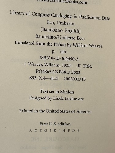 BAUDOLINO UMBERTO ECO / SIGNED FIRST EDITION 1ST PRINT / VG+ HC / NAME OF ROSE - Picture 11 of 11