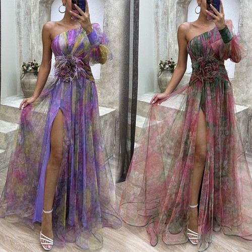 Women Mesh Dresses Evening Dress Cocktail Party Summer Casual One Shoulder maxi - Picture 4 of 26