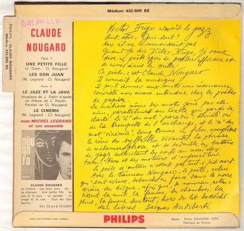 CLAUDE NOUGARO "LE JAZZ ET LA JAVA" VOCAL JAZZ EP 1962 PHILIPS 432.809 - Picture 2 of 4