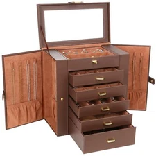 Brown 6-Layer Large Leather Jewelry Box Watch Jewelry Organizer Kendal w/ Mirror