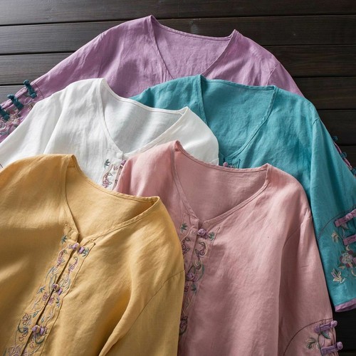 Chinois Ethnique Haut Broderie Chemise Coton Thé Vêtements Bouton Gilet Manteau - Foto 12 di 17
