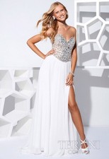 Glamour by Terani Couture Embellished Chiffon Strapless Gown, White, Size 2