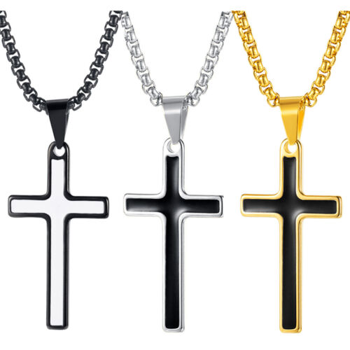Men's Stainless Steel Cross Two Tone Enameled Pendant Necklace