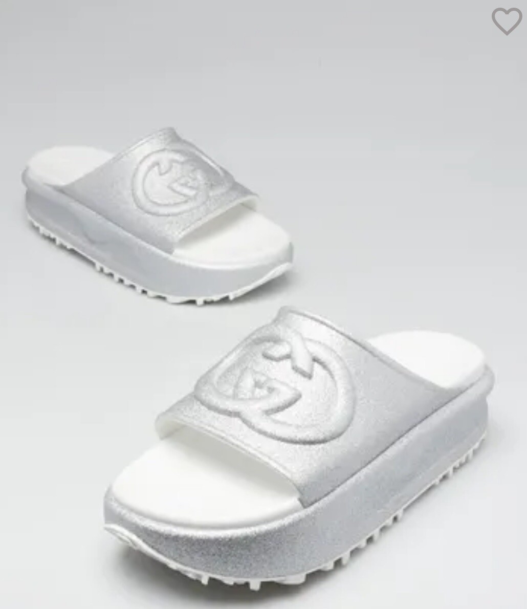 ☆関税込【GUCCI】 Interlocking G platform slides Gucci Interlocking G Platform Slides Glitter Silver Sandal
