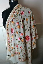 OFF-WHITE CREWEL EMBROIDERY SHAWL  100 CASHMERE PASHMINA  UNIQUE FLORAL WRAP
