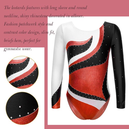 UK Girls Long Sleeve Gymnastics Leotard Ballet Dance Unitard Skating Bodysuit - Picture 71 of 116