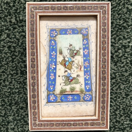 VTG Lot of 2 Miniature Persian Painted Bone Hunting Khatam Marquetry Wood Frame - Picture 3 of 9