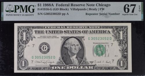 1988A $1 Federal Reserve Note PMG 67EPQ top pop 1/0 fancy repeater serial number - Picture 3 of 4