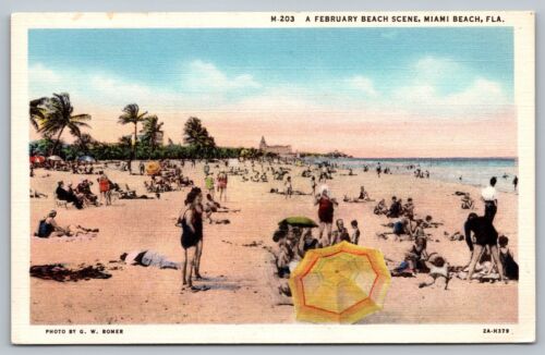 Postkarte Februar Strandszene Miami Beach Florida ca: 1930er Jahre FL Leinen G.W. Römer