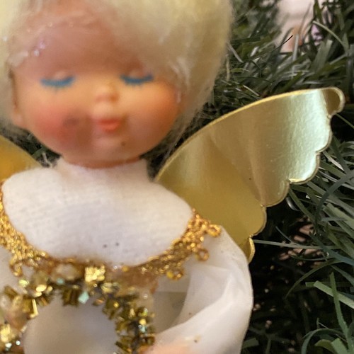 Vintage Christmas Angel Cardboard Cone Plastic Face Lace Tinsel Harp Hong Kong - Picture 6 of 10