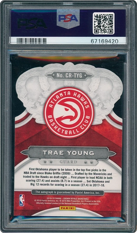 2018 Crown Royale Autographs Rookies CRTYG Trae Young RC Auto Blue /49 - PSA 9 - Image 2 of 2