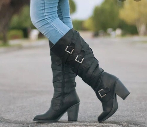 Stivali Madden Girl Kiickbak neri al ginocchio stile biker cinturini e fibbie taglia 10 - Foto 4 di 6