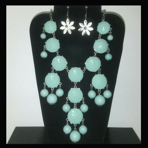 Collar y pendientes bisutería vintage gruesos aguamarina plata años 80 90 - Imagen 1 de 9