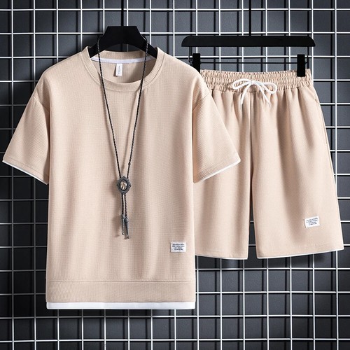 Summer Men's Waffle Sets Casual T-Shirt And Shorts Set Male Sports Suit Solid - Picture 27 of 27