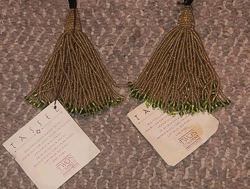 Pair New With Tags Two's Company Beige Tassles 7 Inch Long Beaded Hand Made - Picture 2 of 5