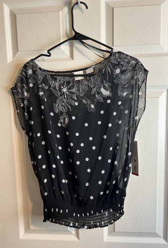 Emma James Women's Sz M Black White Sheer Polka Dots Floral Blouse W/Cami - Picture 10 of 11