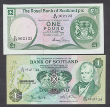 Scotland Bank Notes 1 Pound 1985 & 1 Pound 1986-- Both CUs   FREE SHIP
