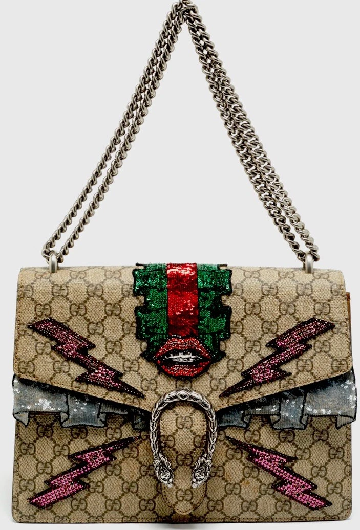 Gucci — Gucci supreme Lightning Bolt lips Embroidery Monogram HandBag large size rare ex