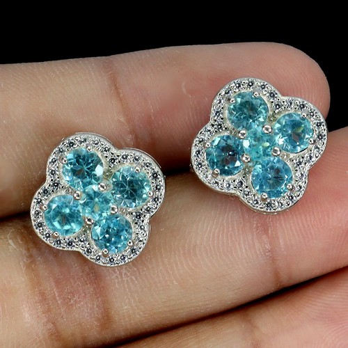 925 Sterling Silver Earrings Round Apatite 3.5mm Flower Natural Gemstone Jewelry - Picture 2 of 13
