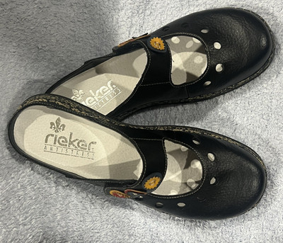 Rieker Women s Black Leather Mule Sandals Slip-On Embroidered Floral US 9