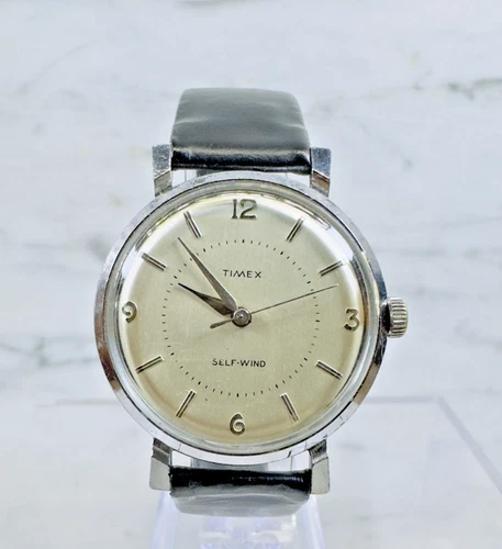 Vintage Timex Self Wind 17 Jewels Automatic Watch 36mm Silver Dial 3 6 9 12